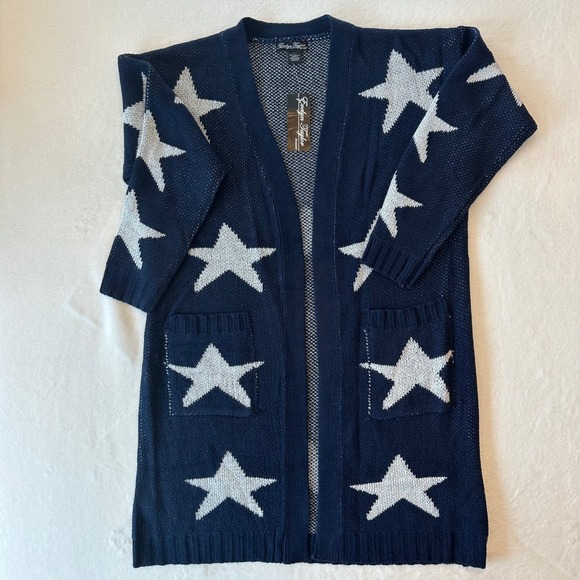 Evelyn Taylor Star Print Cardigan Sweater Knit Open Front Blue Large NWT - Picture 2 of 11